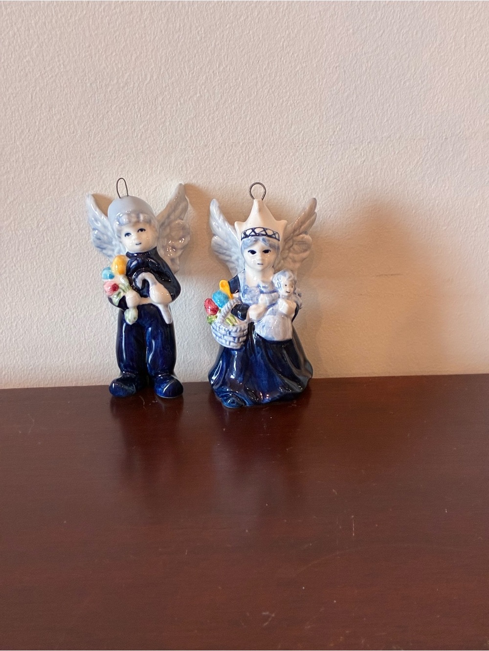 Vintage Delft Style Dutch Boy & Girl Angel Porcelain Christmas Ornaments Pair